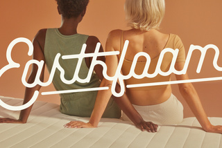 two people sitting on a mattress with backs to viewer, Earthfoam logo overlay